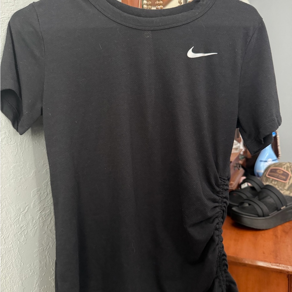 Nike Black Tee with White Swoosh and Side Ruched Detail